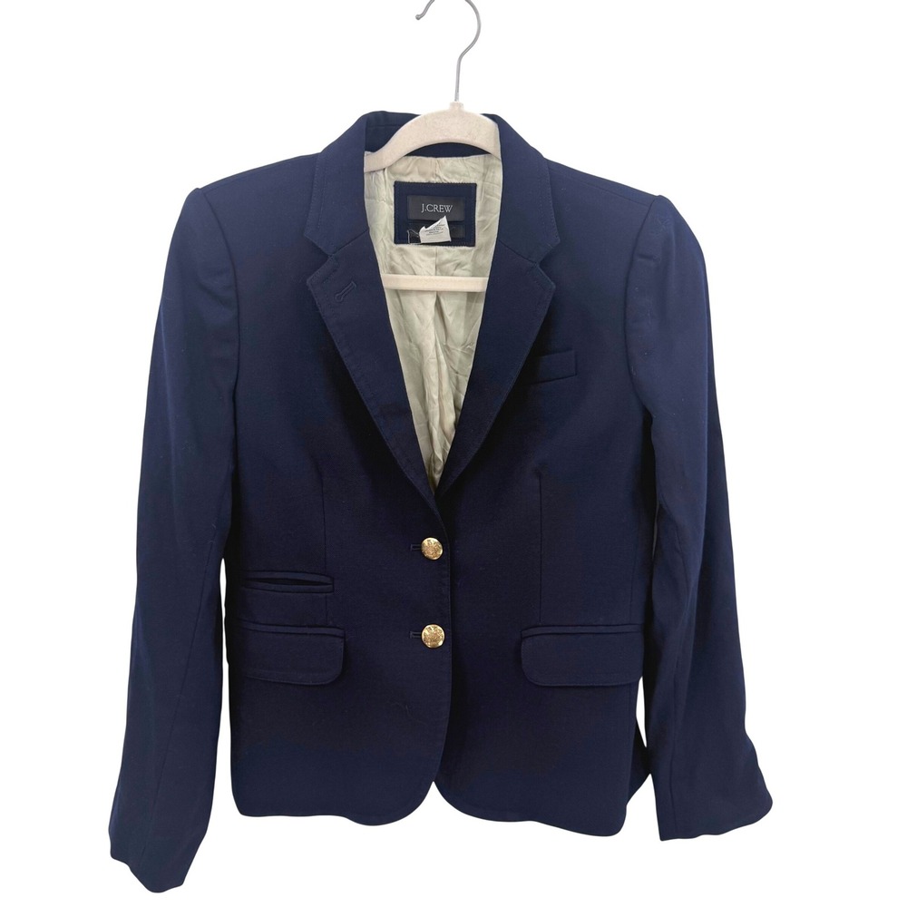 J.Crew Schoolboy Navy Blue Wool Blazer Gold Crest Buttons Size 2 Tailored Jacket